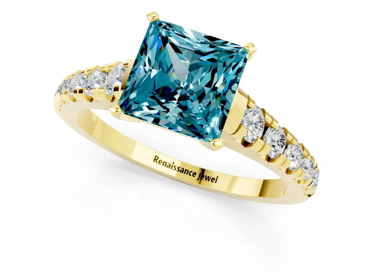 Princess Cut Blue Topaz Cathedral Solitaire Ring with Round Pavé Band Yellow gold
