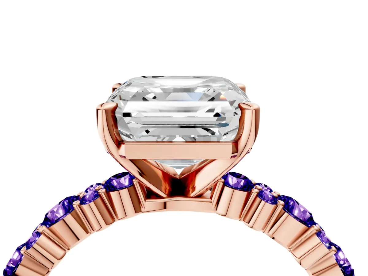 Asscher Cut Diamond Side Stone Solitaire Ring with Round Tanzanite and Four-Prong Setting Rose gold