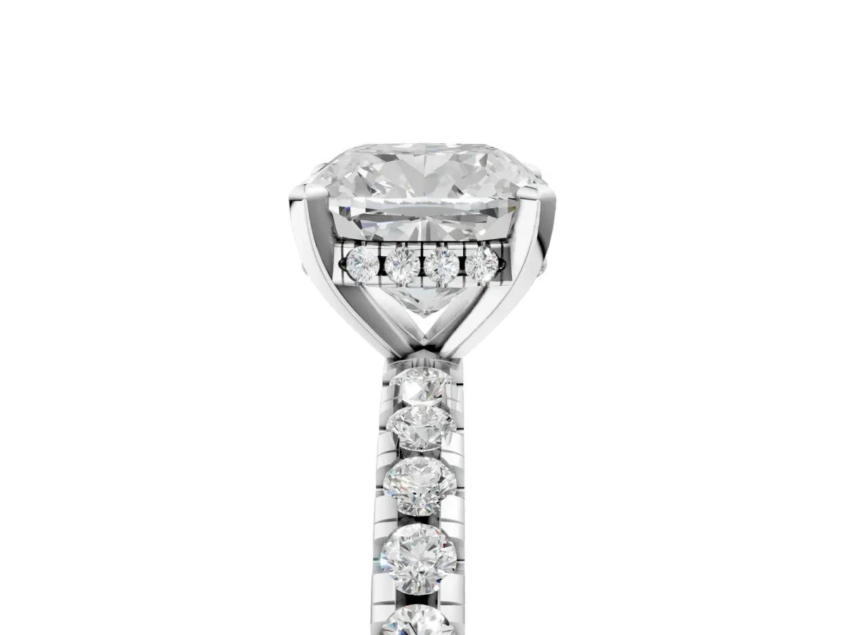 Cushion Cut Diamond Solitaire Ring with Round Moissanite Pavé Band and Four-Prong Setting Silver