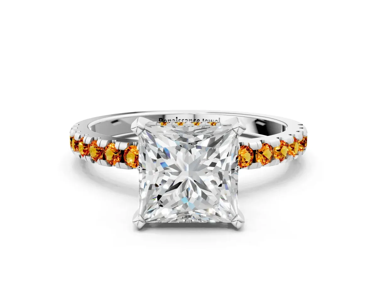 Princess Cut Diamond Solitaire Ring with Round Citrine Pavé Band and Four-Prong Setting Silver