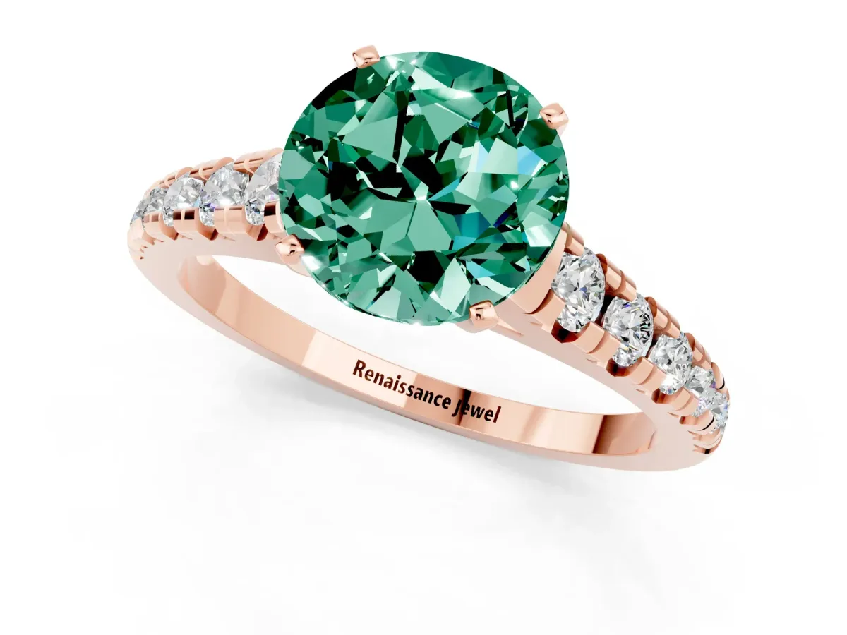 Round Cut Green Sapphire Cathedral Solitaire Ring with Round Pavé Band Rose gold