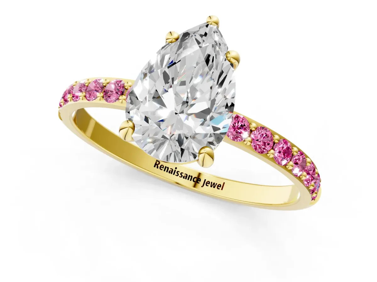 Pear Cut Diamond Solitaire Ring with Round Pink Sapphire Pavé Band and Prong Setting Yellow gold