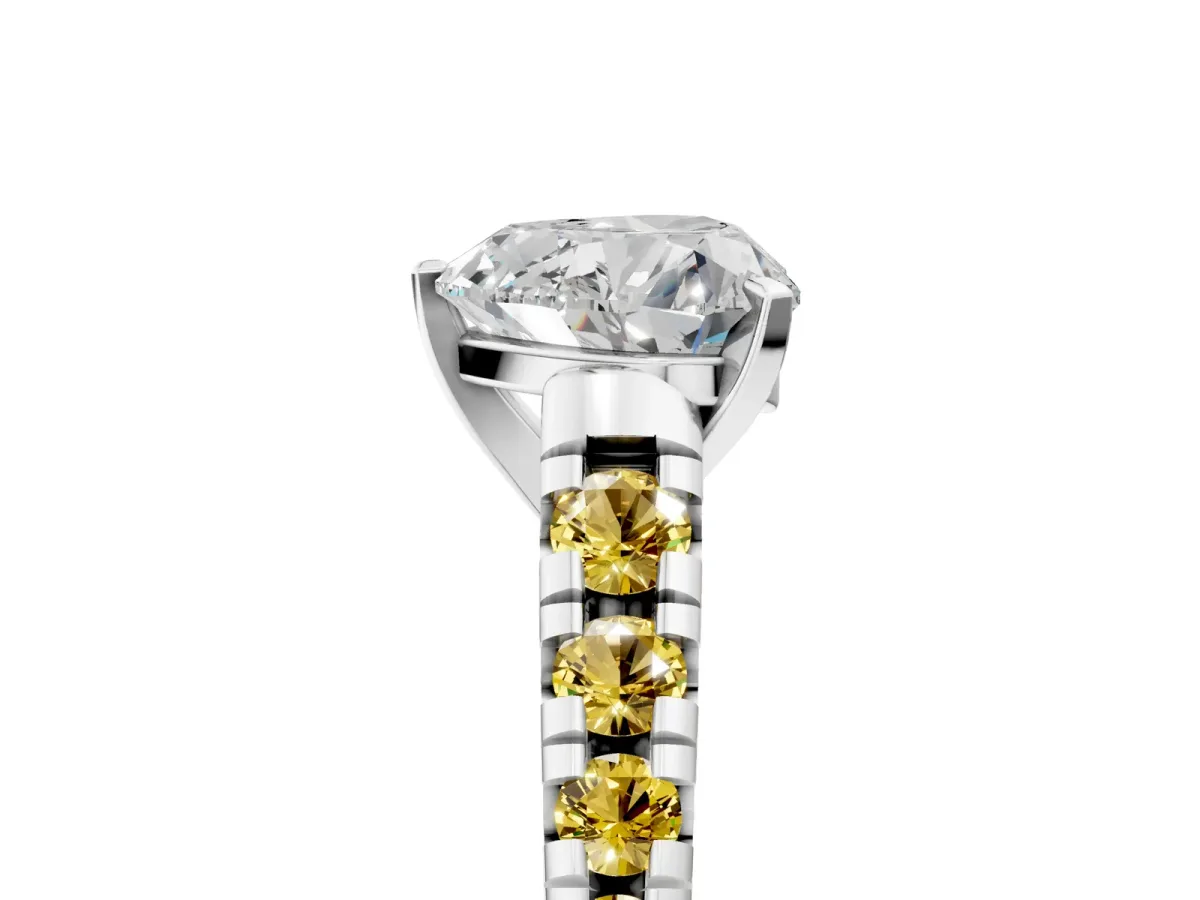 Heart Cut Diamond Cathedral Solitaire Ring with Round Yellow Sapphire Pavé Band Silver