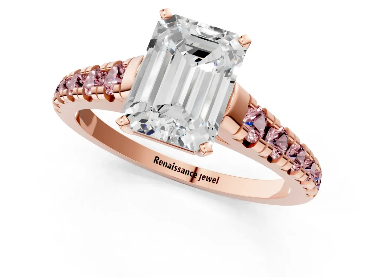 Emerald Cut Diamond Cathedral Solitaire Ring with Round Morganite Pavé Band Rose gold