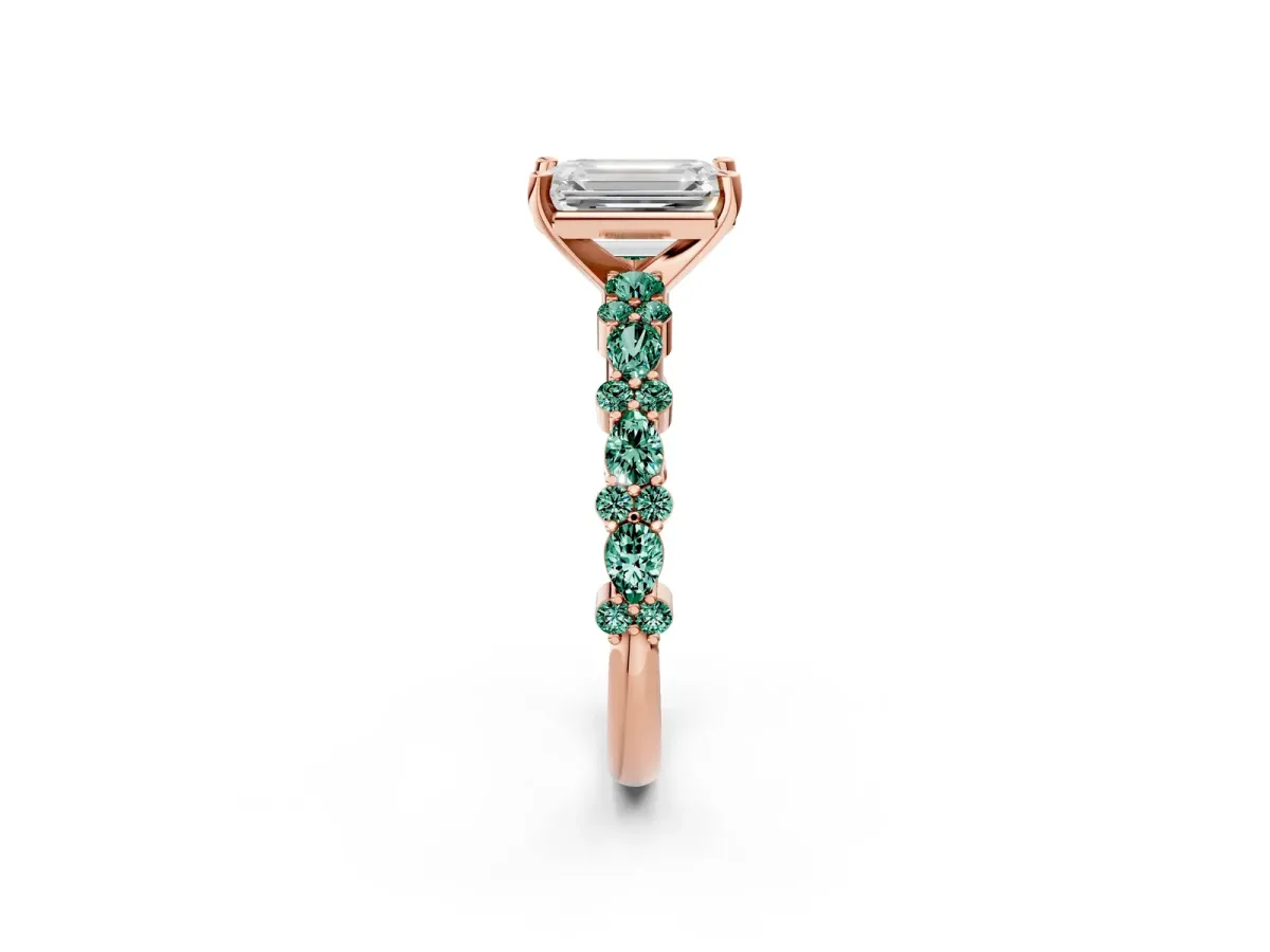 Emerald Cut Diamond Side Stone Solitaire Ring with Round Green Sapphire and Four-Prong Setting Rose gold