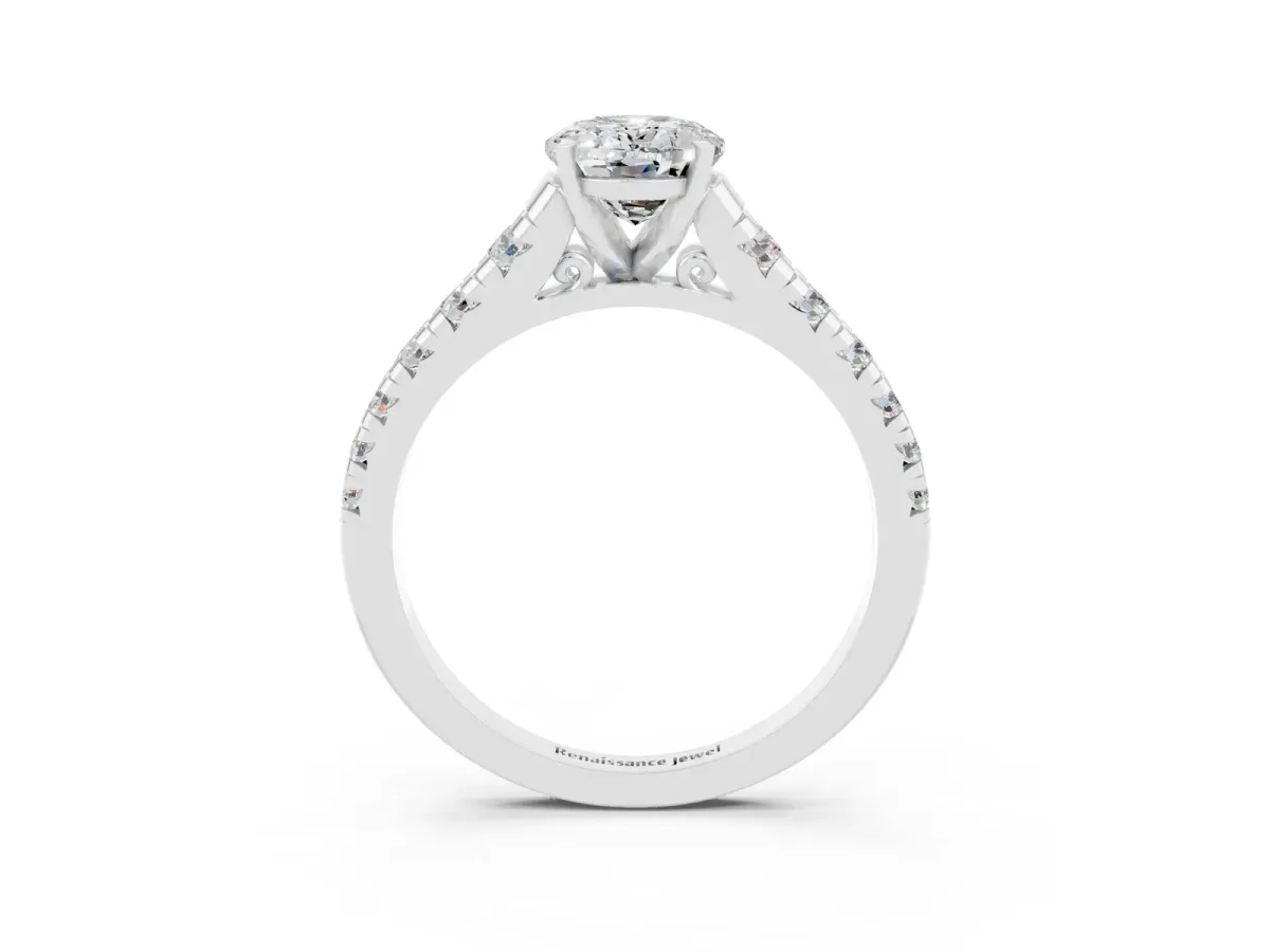 Oval Cut Moissanite Cathedral Solitaire Ring with Round Pavé Band Platinum