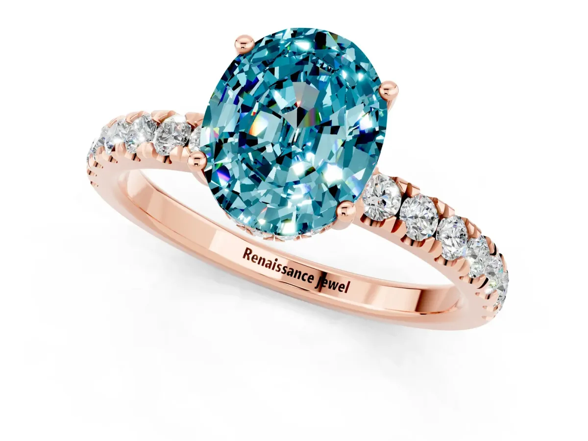 Oval Cut Blue Topaz Pave Band Solitaire Ring with Round and Prong Setting Rose gold