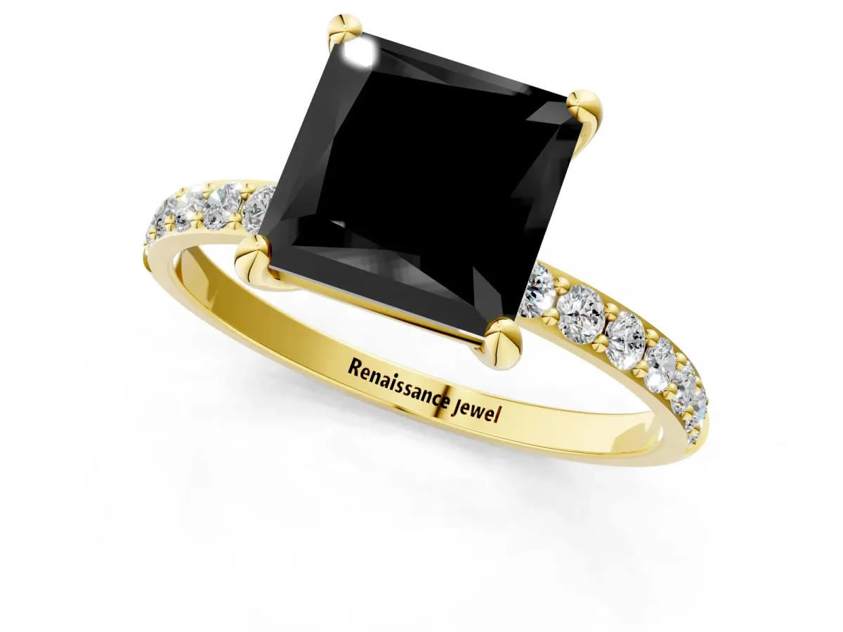 Fancy Black Princess Cut Diamond Solitaire Ring with Round Pavé Band and Prong Setting Yellow gold