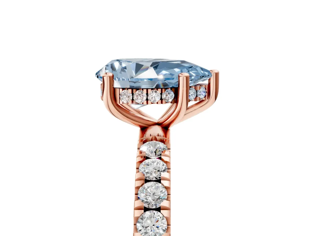 Fancy Blue Pear Cut Diamond Pave Band Solitaire Ring with Round and Prong Setting Rose gold