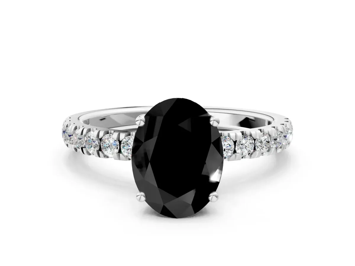 Fancy Black Oval Cut Diamond Pave Band Solitaire Ring with Round and Prong Setting Platinum