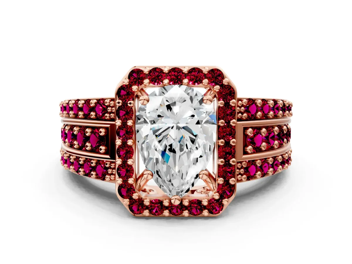 Pear Cut Halo Diamond Ring with Round Garnet Split Shank and Prong Setting Rose gold