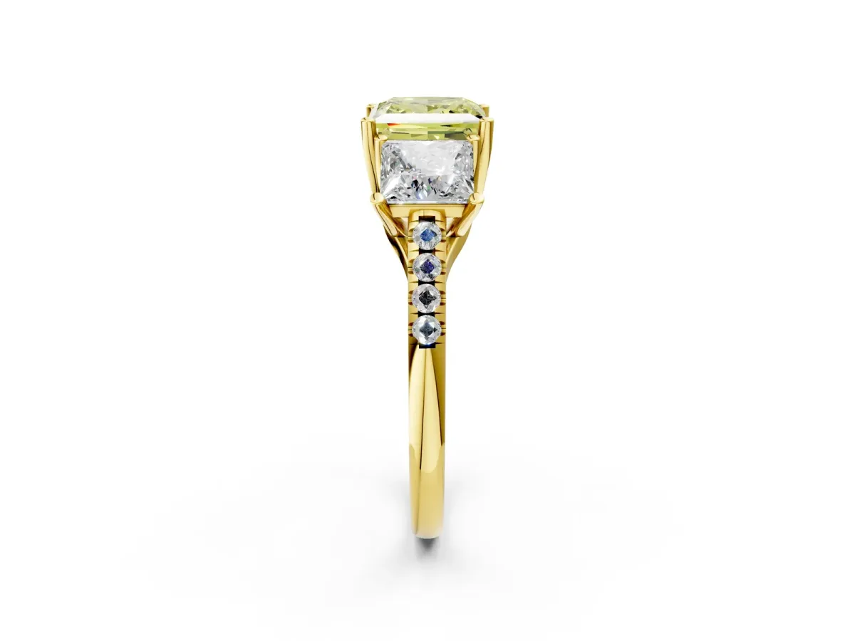 Fancy Yellow Three-Stone Princess Cut Diamond Ring with Round Pavé Band and Prong Setting Yellow gold