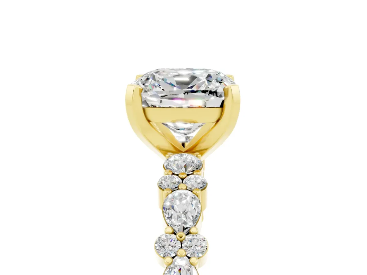 Cushion Cut Moissanite Side Stone Solitaire Ring with Round and Four-Prong Setting Yellow gold