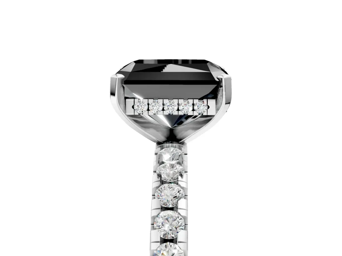 Fancy Black Radiant Cut Diamond Solitaire Ring with Round Pavé Band and Four-Prong Setting Platinum