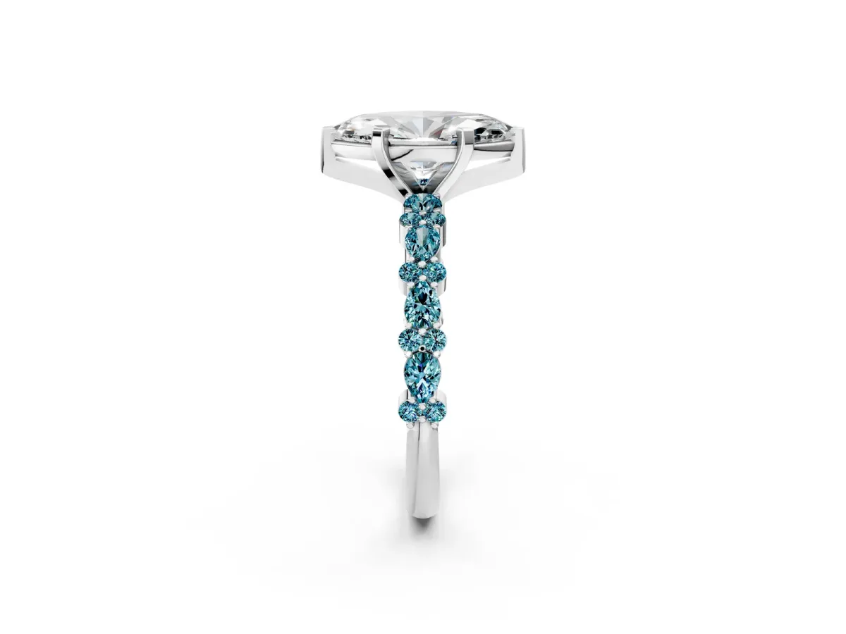 Marquise Cut Diamond Side Stone Solitaire Ring with Round Blue Topaz and Four-Prong Setting Platinum