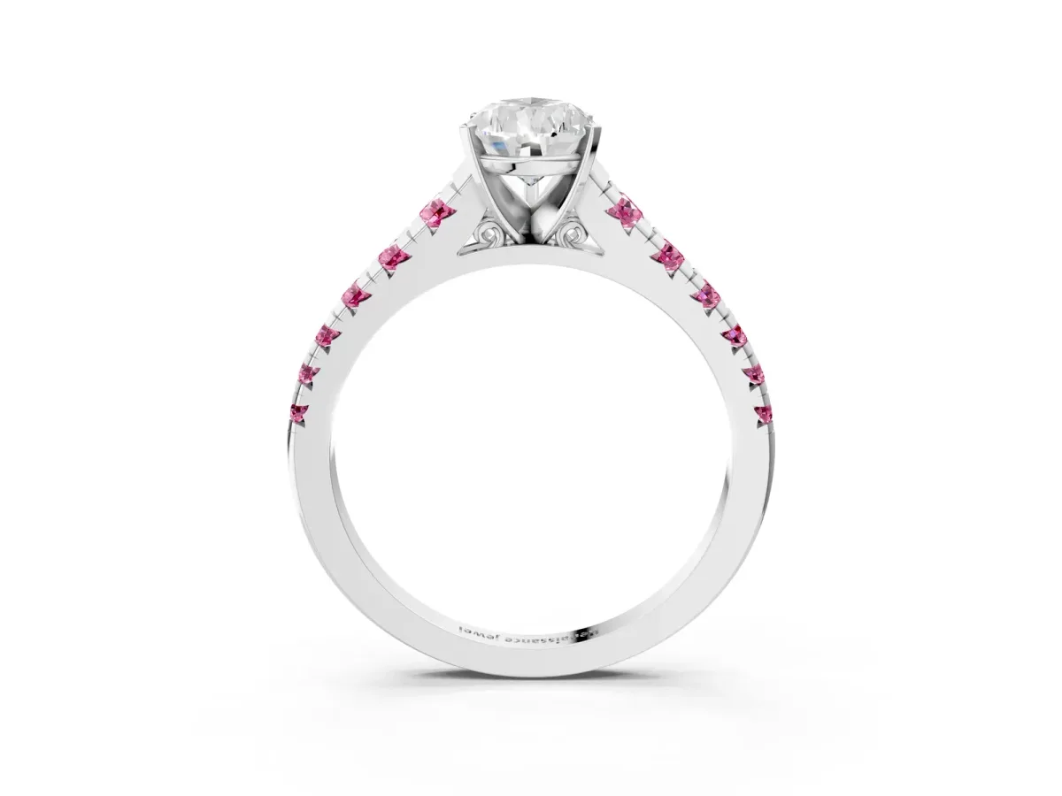 Pear Cut Diamond Cathedral Solitaire Ring with Round Pink Sapphire Pavé Band Platinum