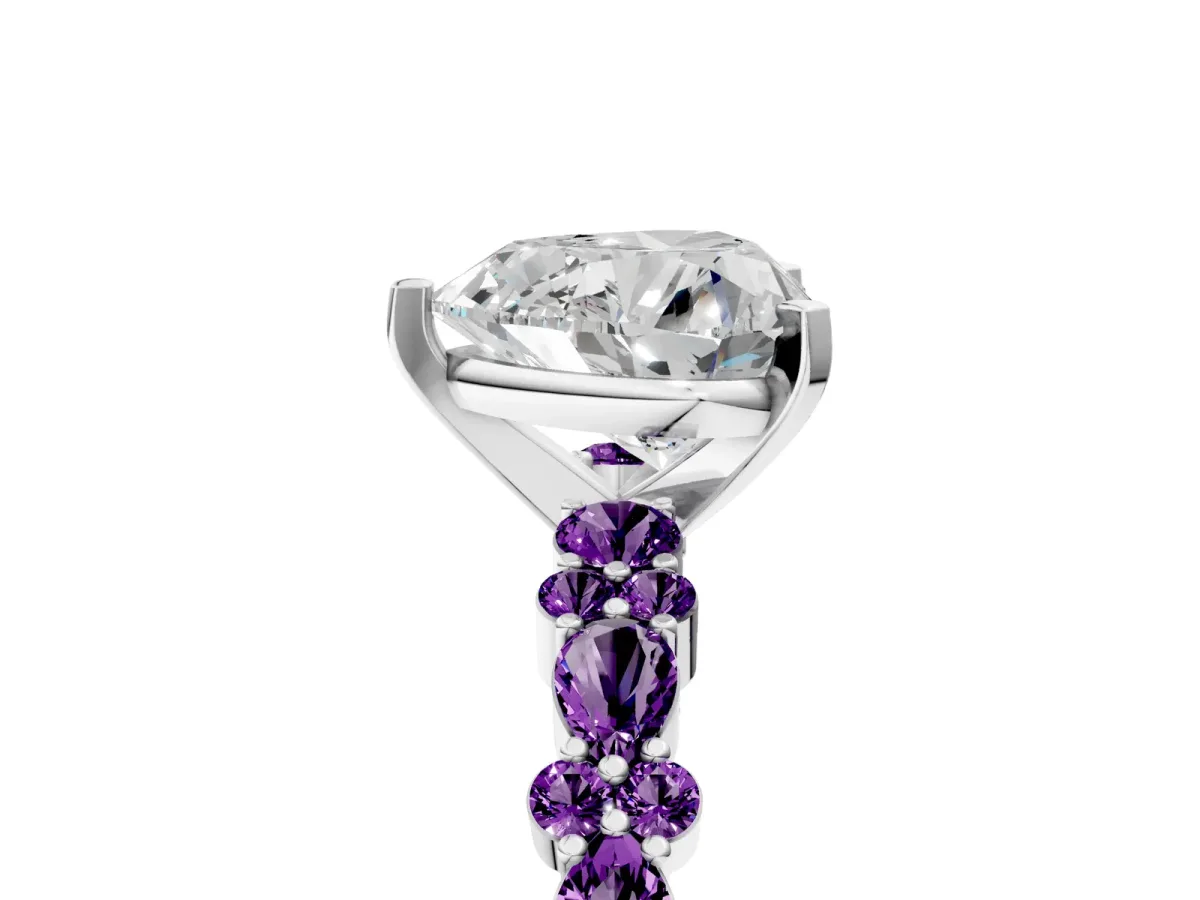 Heart Cut Diamond Side Stone Solitaire Ring with Round Amethyst and Four-Prong Setting Platinum