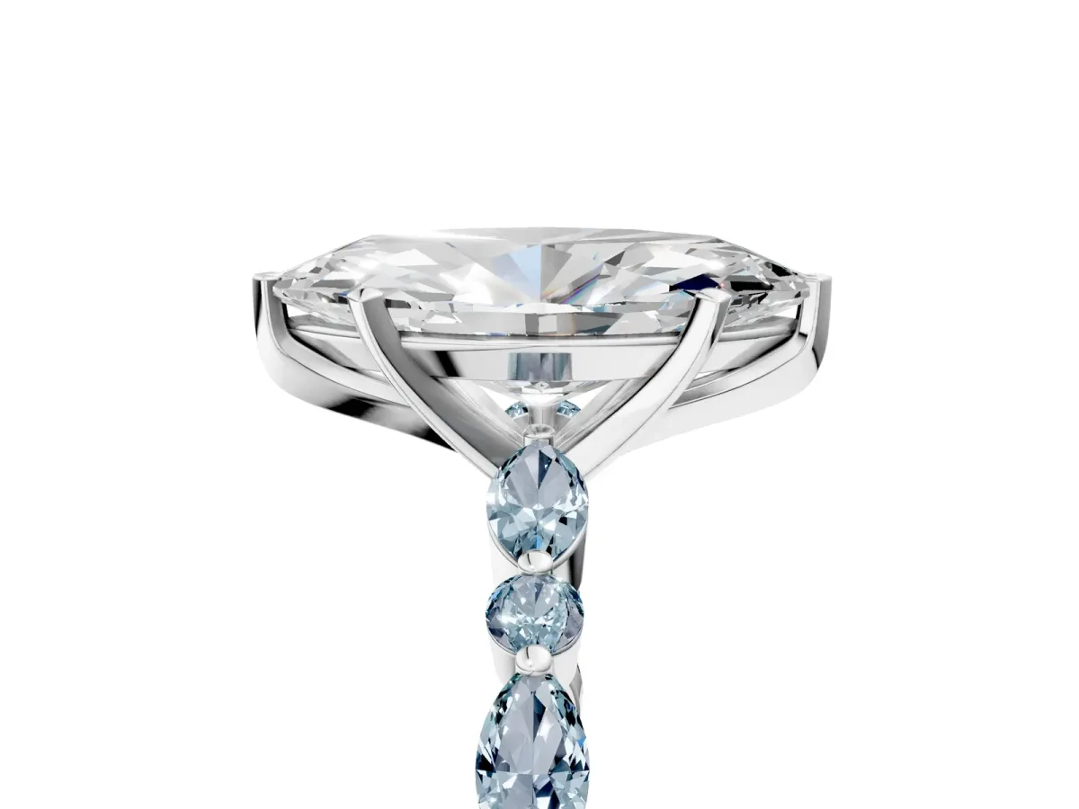 Marquise Cut Diamond Ring with Marquise and Round Aquamarine Side Stones and Four-Prong Setting Silver