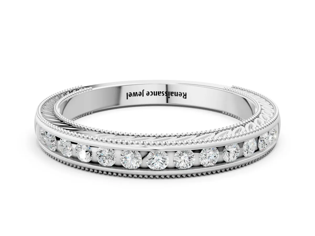Channel Set Round Diamond Milgrain Edge Wedding Band White gold