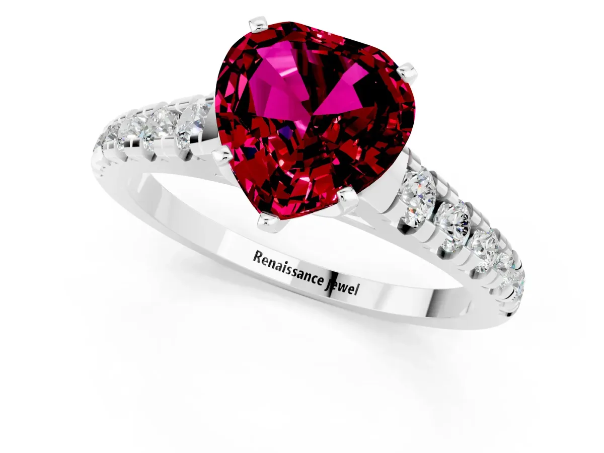 Heart Cut Garnet Cathedral Solitaire Ring with Round Pavé Band Silver