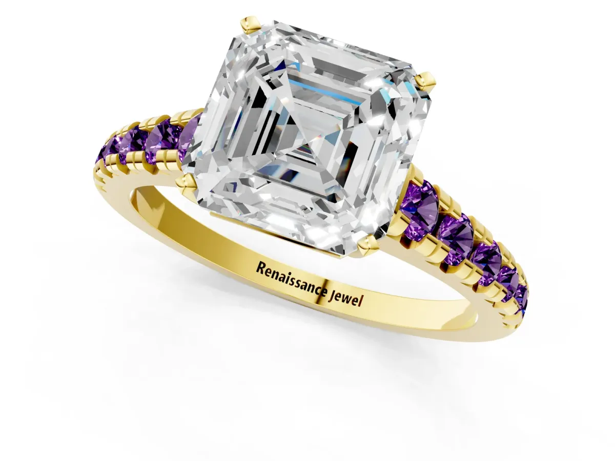 Asscher Cut Diamond Cathedral Solitaire Ring with Round Amethyst Pavé Band Yellow gold