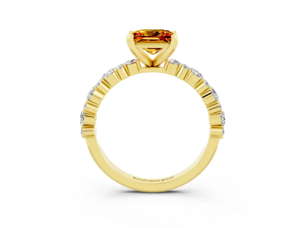 Princess Cut Citrine Side Stone Solitaire Ring with Round and Four-Prong Setting Yellow gold