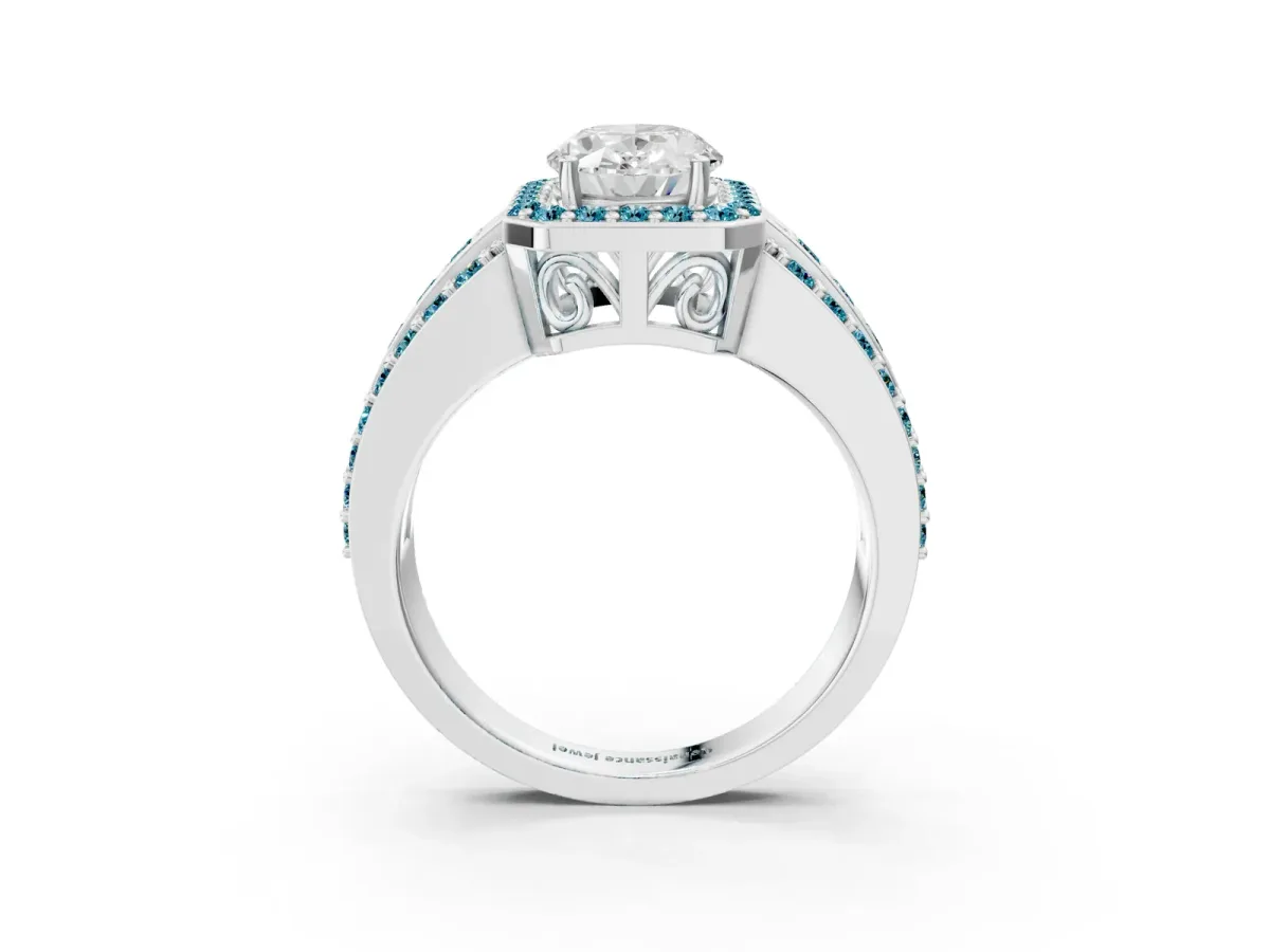 Oval Cut Halo Diamond Ring with Round Blue Topaz Split Shank and Prong Setting White gold