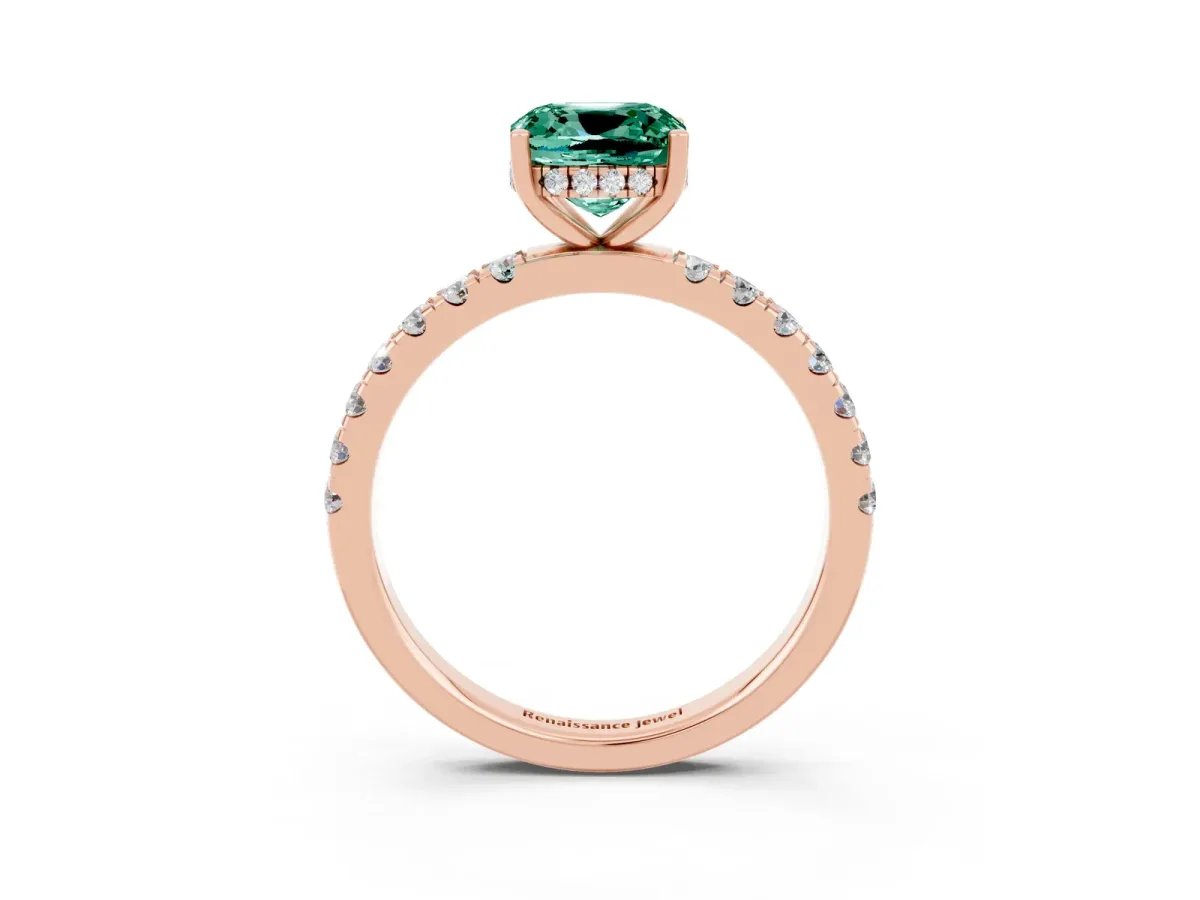 Cushion Cut Green Sapphire Pave Band Solitaire Ring with Round and Prong Setting Rose gold