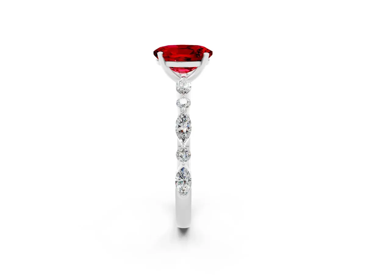 Oval Cut Ruby Ring with Marquise and Round Side Stones and Four-Prong Setting Silver