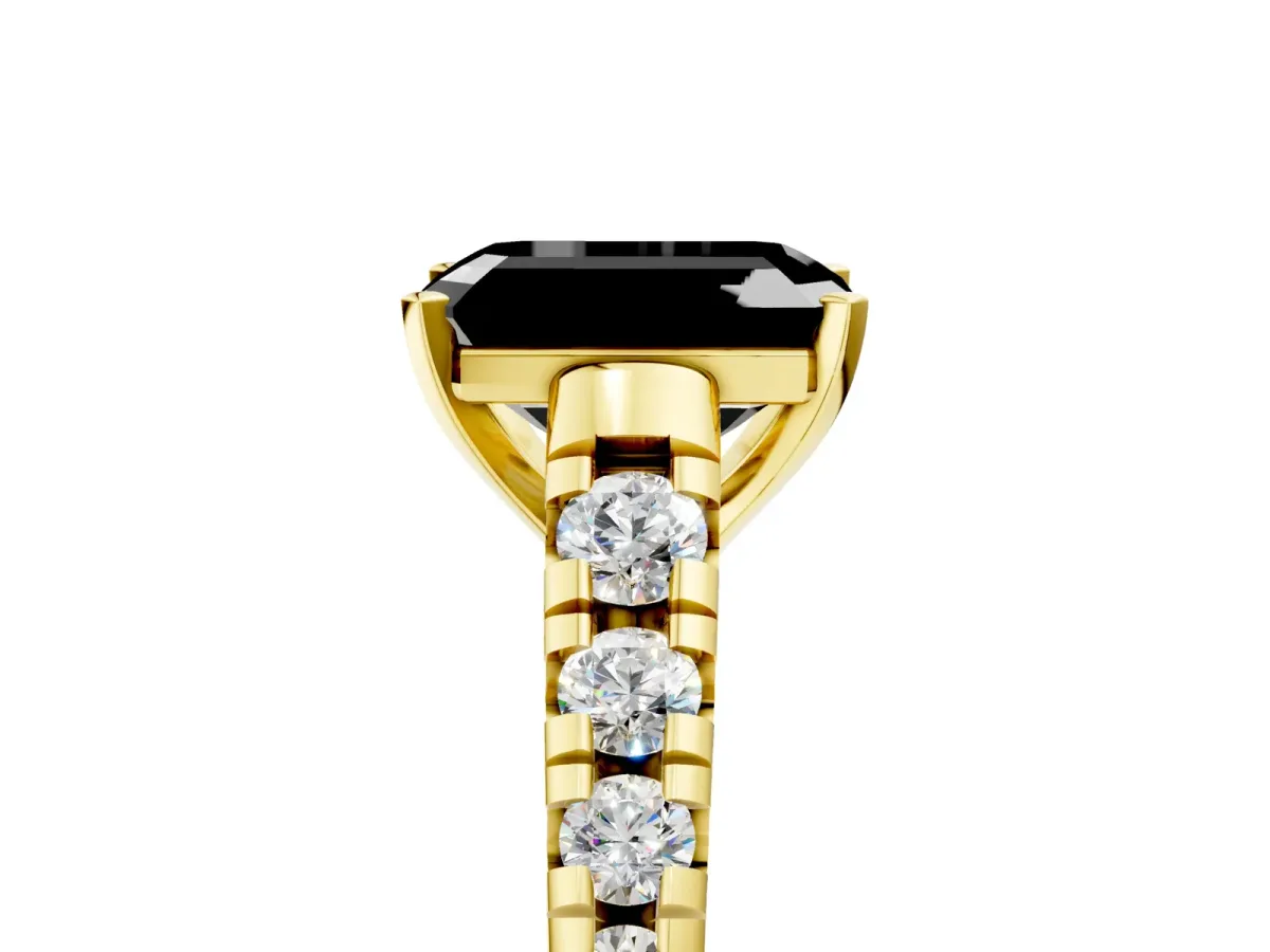 Fancy Black Emerald Cut Diamond Cathedral Solitaire Ring with Round Pavé Band Yellow gold