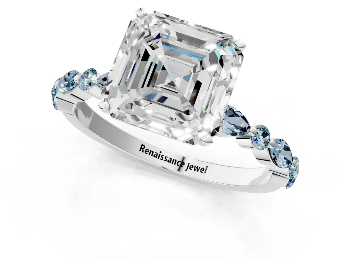 Asscher Cut Diamond Ring with Marquise and Round Aquamarine Side Stones and Four-Prong Setting Platinum
