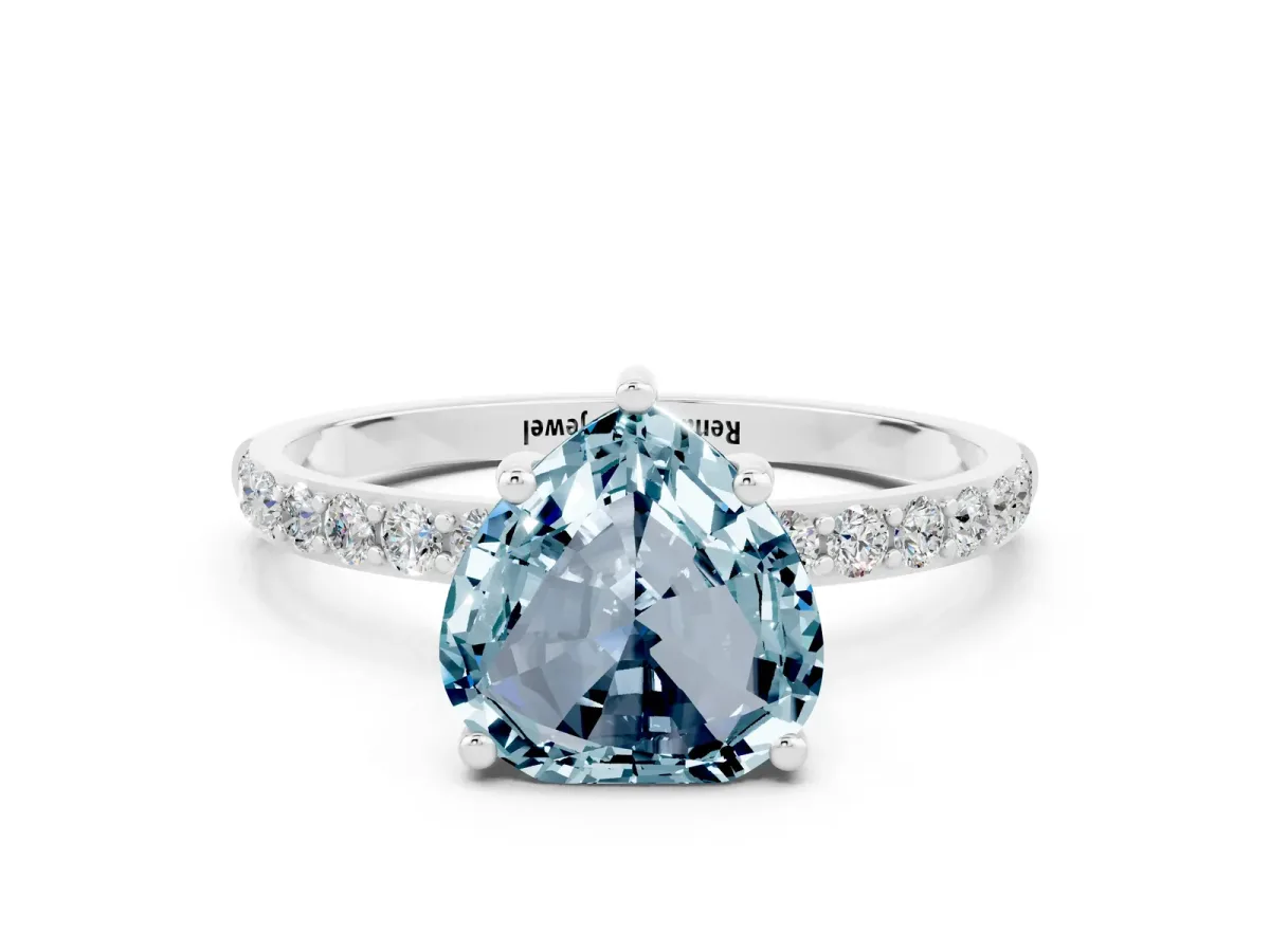 Heart Cut Aquamarine Solitaire Ring with Round Pavé Band and Prong Setting Silver