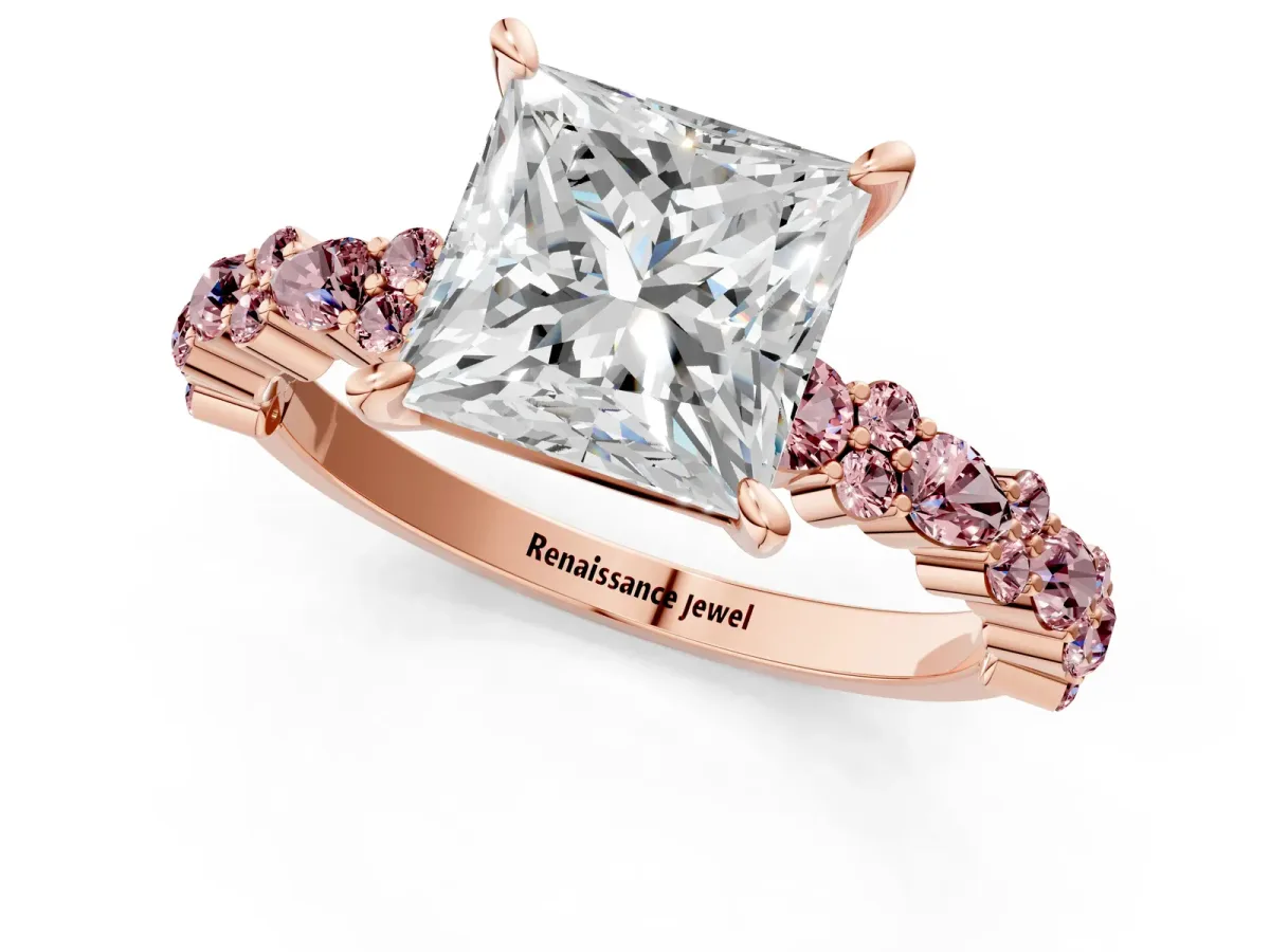 Princess Cut Diamond Side Stone Solitaire Ring with Round Morganite and Four-Prong Setting Rose gold