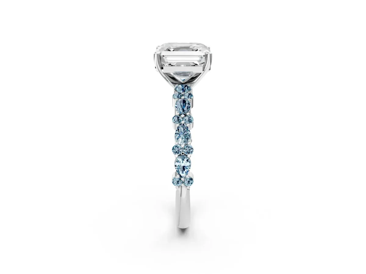 Asscher Cut Diamond Side Stone Solitaire Ring with Round Aquamarine and Four-Prong Setting Silver