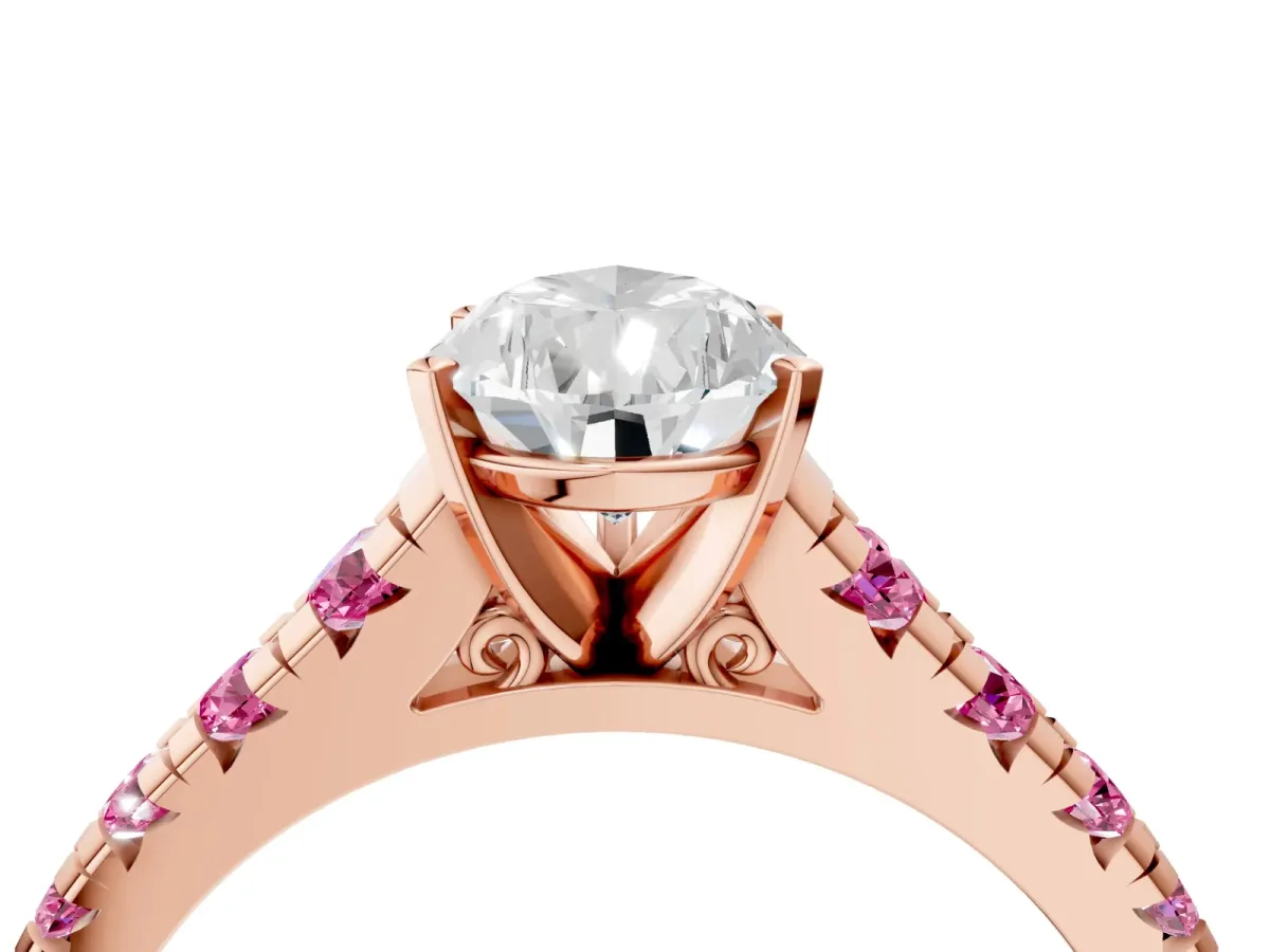 Pear Cut Diamond Cathedral Solitaire Ring with Round Pink Sapphire Pavé Band Rose gold
