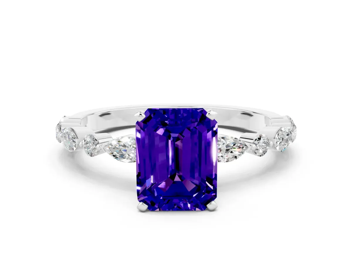 Emerald Cut Tanzanite Ring with Marquise and Round Side Stones and Four-Prong Setting Silver