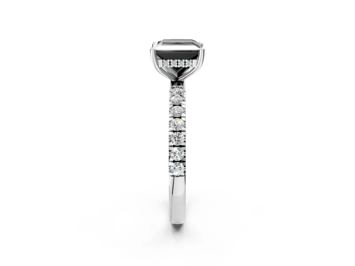 Fancy Black Princess Cut Diamond Pave Band Solitaire Ring with Round and Prong Setting Silver