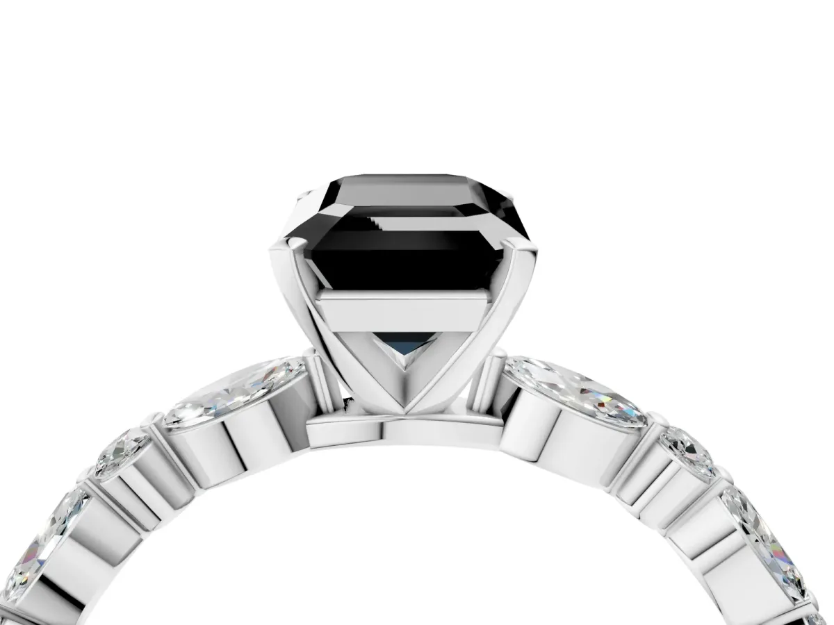 Fancy Black Emerald Cut Diamond Ring with Marquise and Round Side Stones and Four-Prong Setting Silver