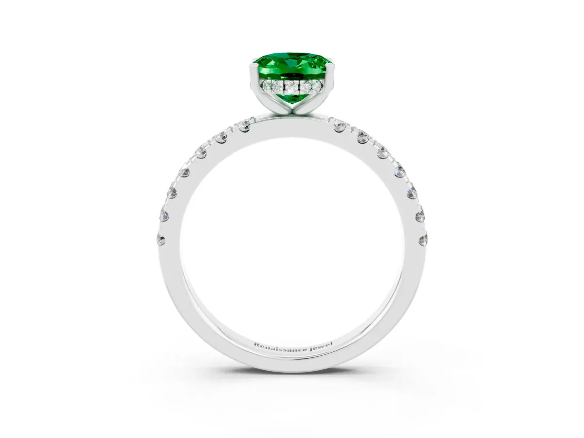 Oval Cut Emerald Pave Band Solitaire Ring with Round and Prong Setting Silver