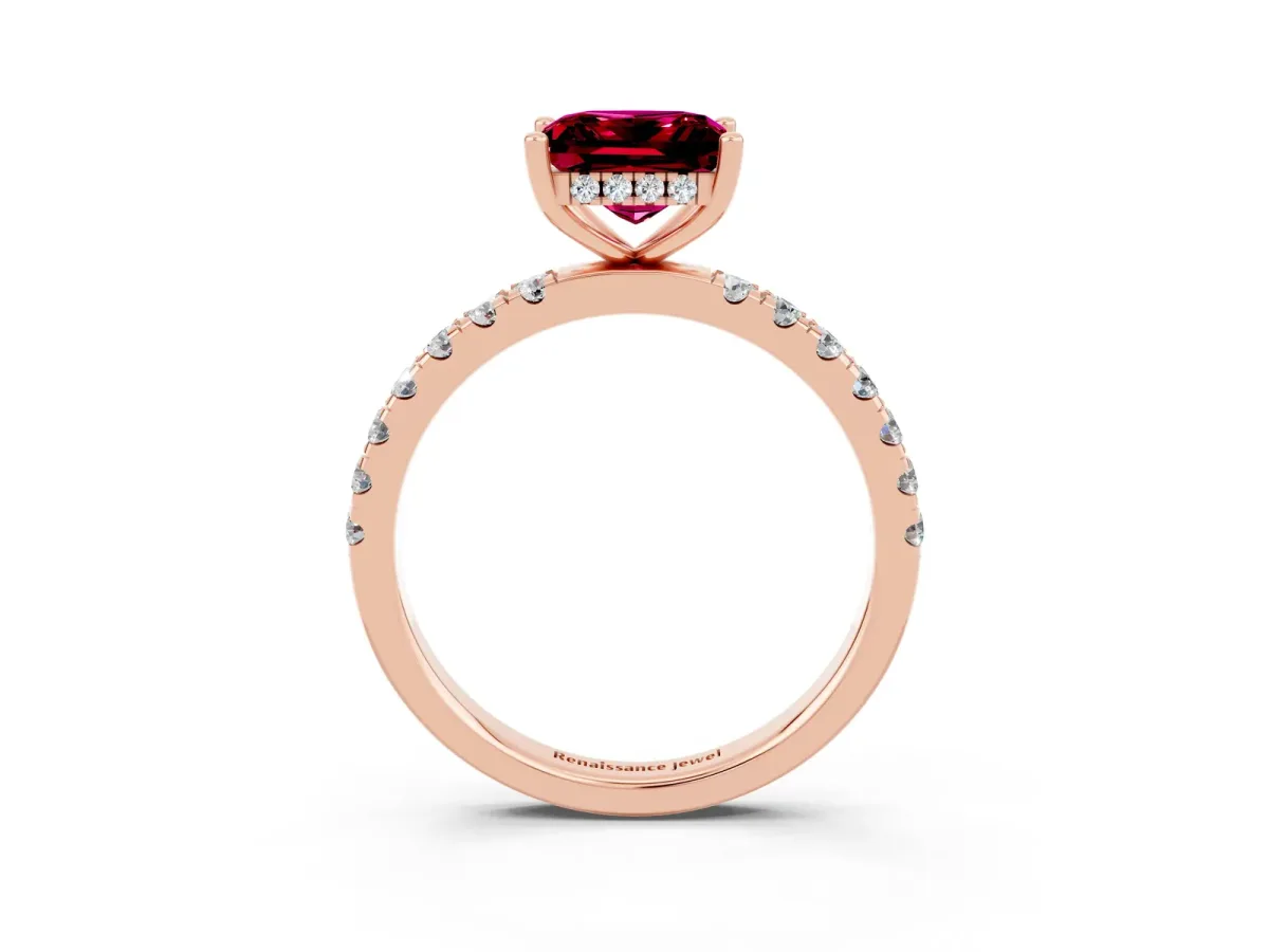Princess Cut Garnet Pave Band Solitaire Ring with Round and Prong Setting Rose gold