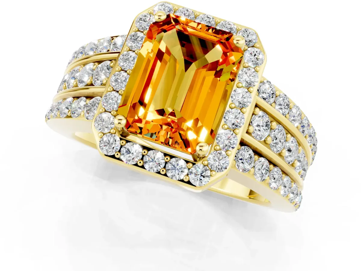 Emerald Cut Halo Citrine Ring with Round Split Shank and Prong Setting Yellow gold