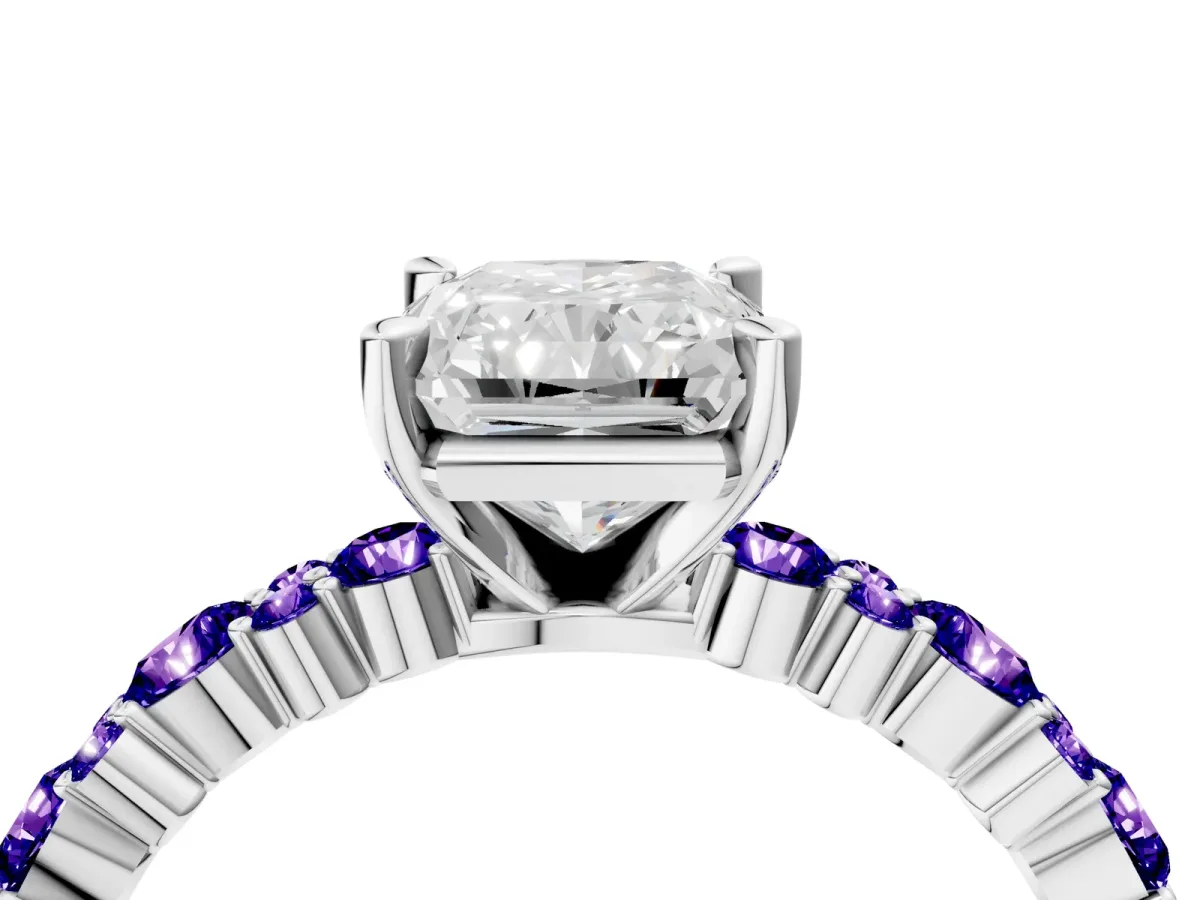 Radiant Cut Diamond Side Stone Solitaire Ring with Round Tanzanite and Four-Prong Setting Platinum