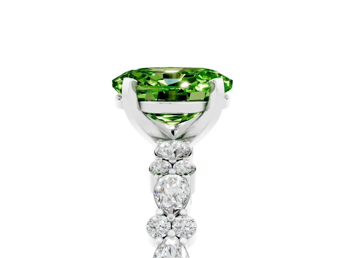 Oval Cut Peridot Side Stone Solitaire Ring with Round and Four-Prong Setting White gold
