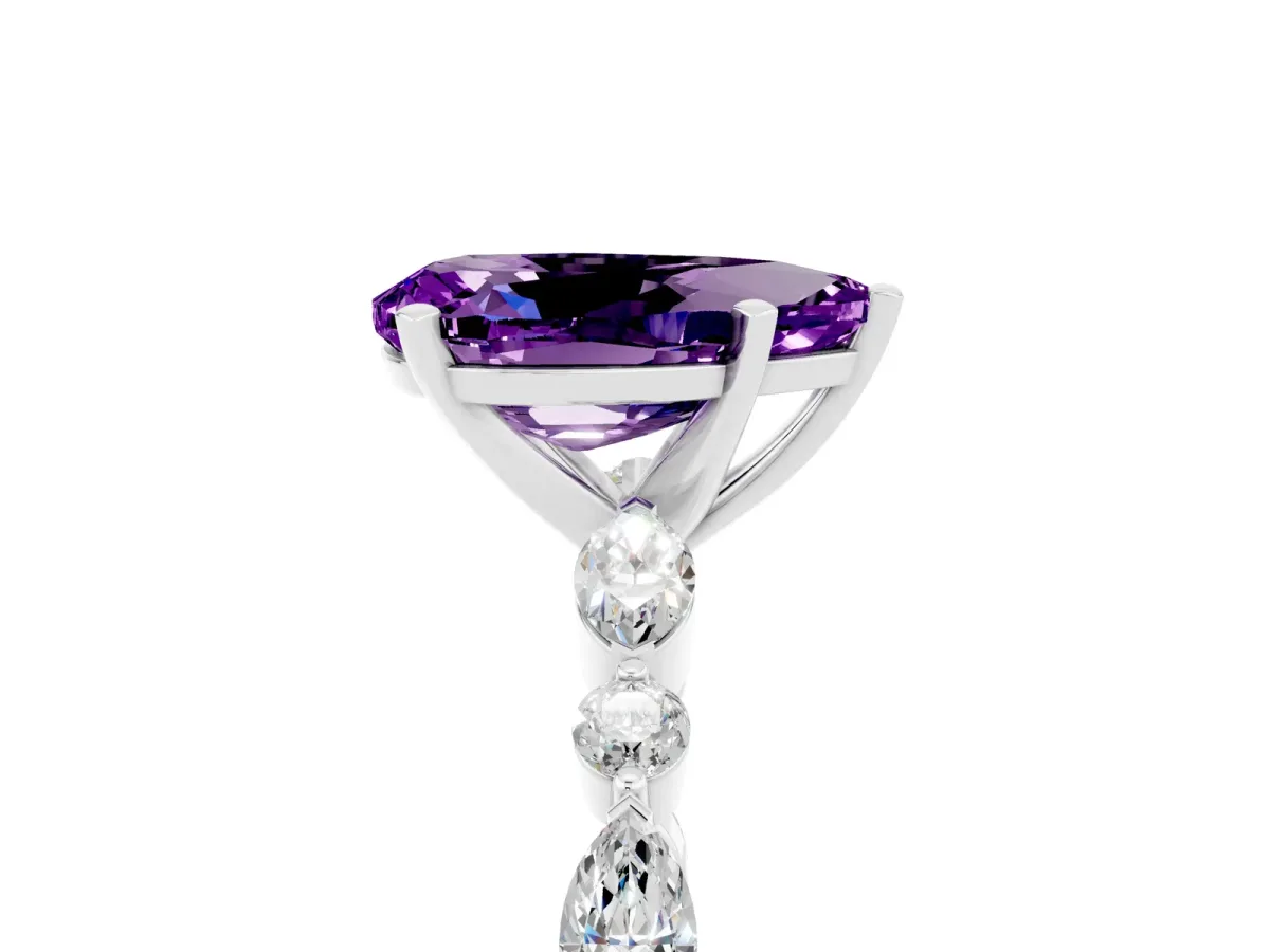 Pear Cut Amethyst Ring with Marquise and Round Side Stones and Four-Prong Setting Silver