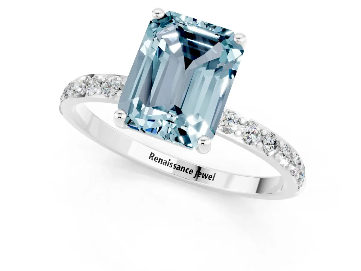 Emerald Cut Aquamarine Solitaire Ring with Round Pavé Band and Prong Setting Platinum