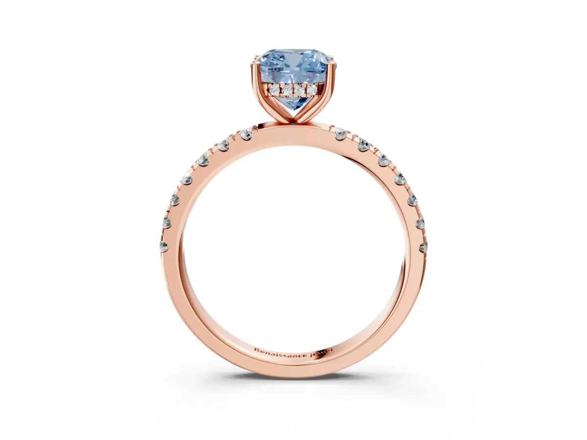 Fancy Blue Cushion Cut Diamond Pave Band Solitaire Ring with Round and Prong Setting Rose gold