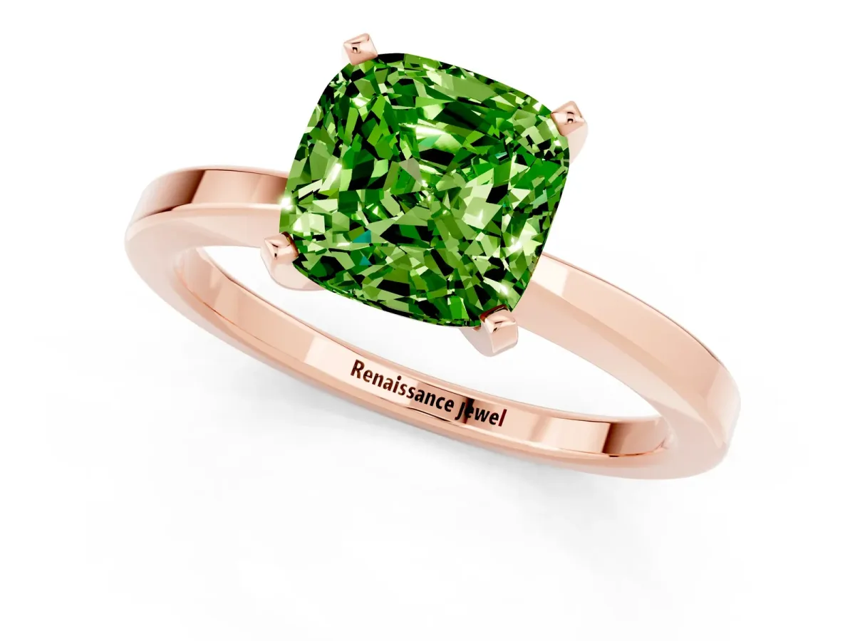 Cushion Cut Peridot Solitaire Engagement Ring with Classic Band and Four-Prong Setting Rose gold