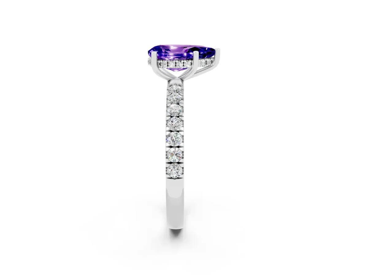 Pear Cut Tanzanite Pave Band Solitaire Ring with Round and Prong Setting Platinum