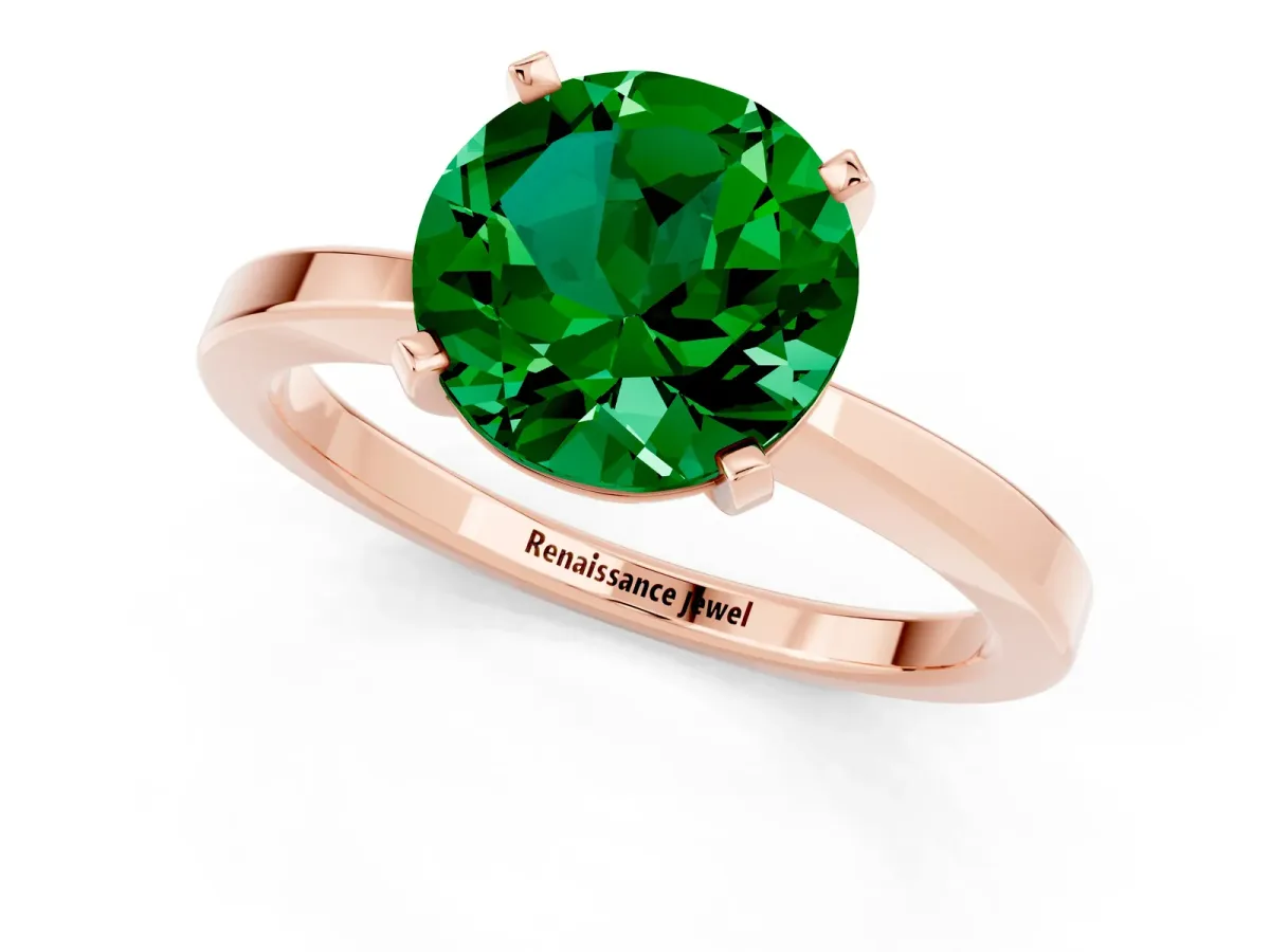 Round Cut Emerald Solitaire Engagement Ring with Classic Band and Four-Prong Setting Rose gold