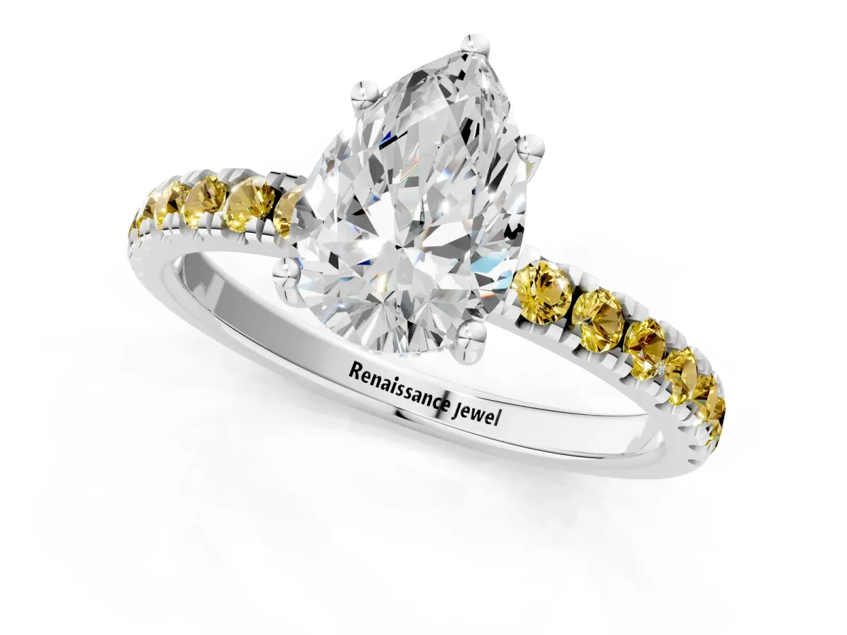 Pear Cut Diamond Pave Band Solitaire Ring with Round Yellow Sapphire and Prong Setting White gold